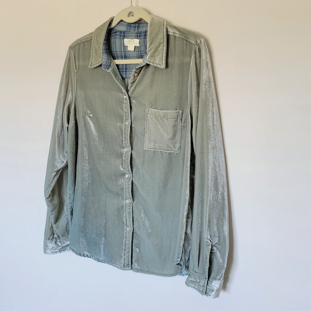 Anthropologie Sage Green Button-Up Velvet Shirt - Picture 3 of 7